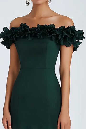 Dark Green Satin Off The Shoulder A Line Formal Dress with Ruffles